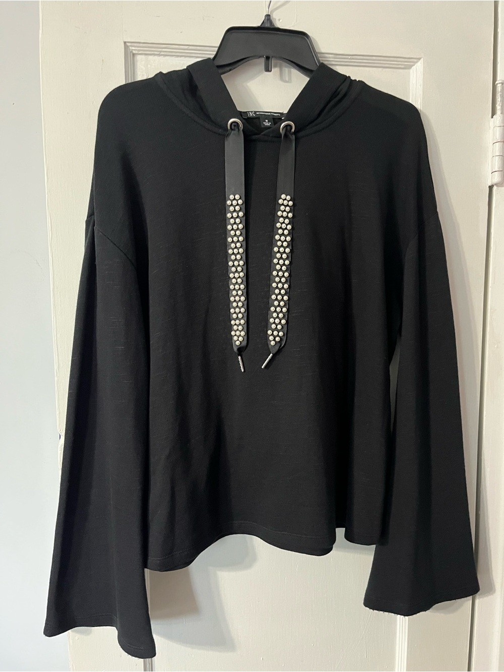 INC International Concepts Black Hoodie with Pearl-Studded Drawstrings